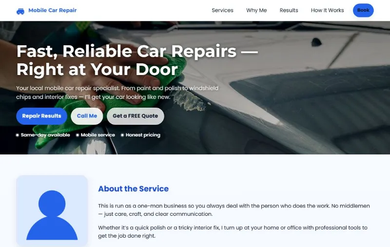 Mobile Car Repair / Smart Repair public website homepage.